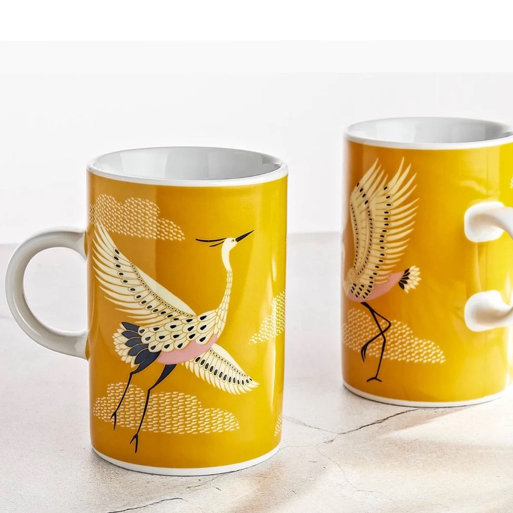 NWT Danica Flight Of Fancy Tall Yellow Crane Mugs, Set of 2, MSRP $32